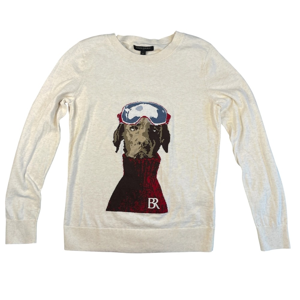 Banana Republic Intarsia Ski Dog Cotton Crewneck Sweater Womens Small Cream - Picture 3 of 12
